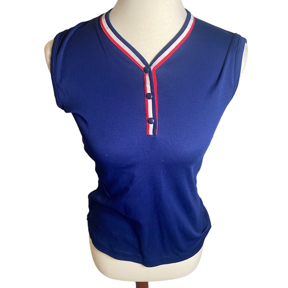 Vintage 70s Tank Top Blouse with Stripes on Collars and Buttons